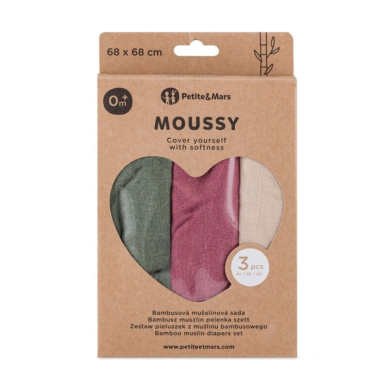 Set 3 scutece, Petite&Mars, Moussy, Din muselina de bambus, Hipoalergenice, 68 x 68 cm, Certificate Oeko Tex Standard 100, Botanic Tones