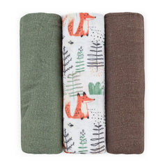 Set 3 scutece, Petite&Mars, Moussy, Din muselina de bambus, Hipoalergenice, 68 x 68 cm, Certificate Oeko Tex Standard 100, Forest Fox