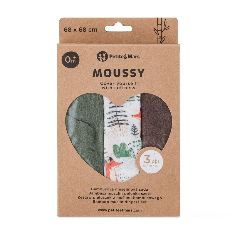 Set 3 scutece, Petite&Mars, Moussy, Din muselina de bambus, Hipoalergenice, 68 x 68 cm, Certificate Oeko Tex Standard 100, Forest Fox