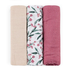 Set 3 scutece, Petite&Mars, Moussy, Din muselina de bambus, Hipoalergenice, 68 x 68 cm, Certificate Oeko Tex Standard 100, Pink Meadow