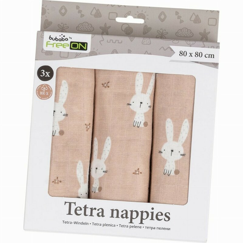 Set 3 scutece tetra, Bubaba, Din bumbac, 80x80 cm, Beige Bunnies