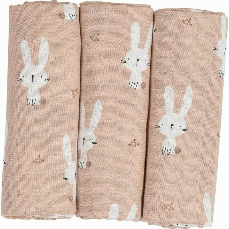 Set 3 scutece tetra, Bubaba, Din bumbac, 80x80 cm, Beige Bunnies