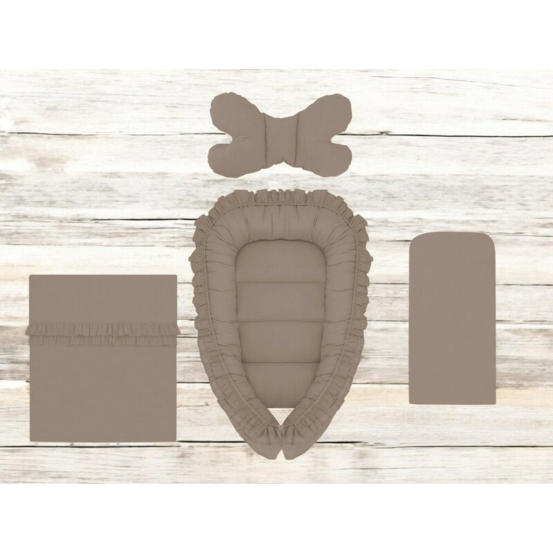 Set 4 in 1 Cosulet bebelus, MimiNu, Baby Cocoon 75x55 cm, Cu volanase, Husa bumbac, Din bumbac certificat Oeko Tex Standard 100, Cu paturica cu volanase 50x70 cm, Cu salteluta, Cu perna fluture, Colectia Royal, Mocha