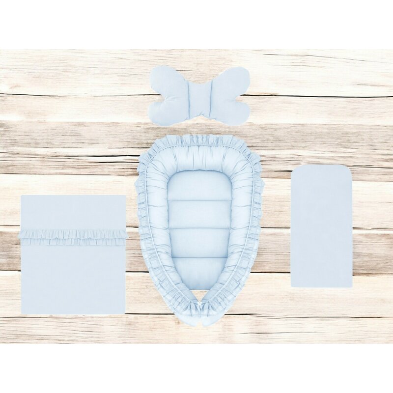 Set 4 in 1 Cosulet bebelus, MimiNu, Baby Cocoon 75x55 cm, Cu volanase, Husa bumbac, Din bumbac certificat Oeko Tex Standard 100, Cu paturica cu volanase 50x70 cm, Cu salteluta, Cu perna fluture, Colectia Royal, Blue