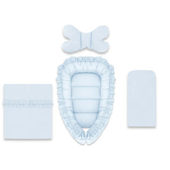 Set 4 in 1 Cosulet bebelus, MimiNu, Baby Cocoon 75x55 cm, Cu volanase, Husa bumbac, Din bumbac certificat Oeko Tex Standard 100, Cu paturica cu volanase 50x70 cm, Cu salteluta, Cu perna fluture, Colectia Royal, Blue