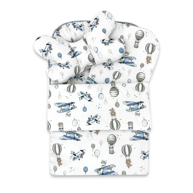 Set 4 in 1 Cosulet bebelus, MimiNu, Baby Cocoon 75x55 cm, Husa bumbac, Din bumbac certificat Oeko Tex Standard 100, Cu paturica 50x70 cm, Cu salteluta, Cu perna fluture, Blue Plane