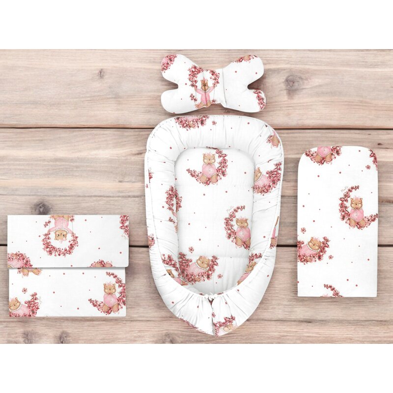 Set 4 in 1 Cosulet bebelus, MimiNu, Baby Cocoon 75x55 cm, Husa bumbac, Din bumbac certificat Oeko Tex Standard 100, Cu paturica 50x70 cm, Cu salteluta, Cu perna fluture, Design, Betty - gogobaby.ro