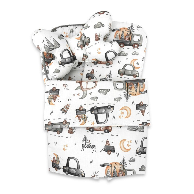 Set 4 in 1 Cosulet bebelus, MimiNu, Baby Cocoon 75x55 cm, Husa bumbac, Din bumbac certificat Oeko Tex Standard 100, Cu paturica 50x70 cm, Cu salteluta, Cu perna fluture, Design, Cars Grey