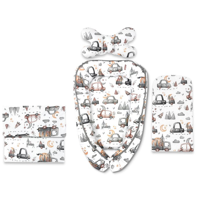 Set 4 in 1 Cosulet bebelus, MimiNu, Baby Cocoon 75x55 cm, Husa bumbac, Din bumbac certificat Oeko Tex Standard 100, Cu paturica 50x70 cm, Cu salteluta, Cu perna fluture, Design, Cars Grey