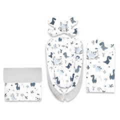 Set 4 in 1 Cosulet bebelus, MimiNu, Baby Cocoon 75x55 cm, Husa bumbac, Din bumbac certificat Oeko Tex Standard 100, Cu paturica 50x70 cm, Cu salteluta, Cu perna fluture, Dino Granat