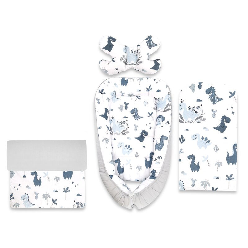 Set 4 in 1 Cosulet bebelus, MimiNu, Baby Cocoon 75x55 cm, Husa bumbac, Din bumbac certificat Oeko Tex Standard 100, Cu paturica 50x70 cm, Cu salteluta, Cu perna fluture, Dino Granat - gogobaby.ro