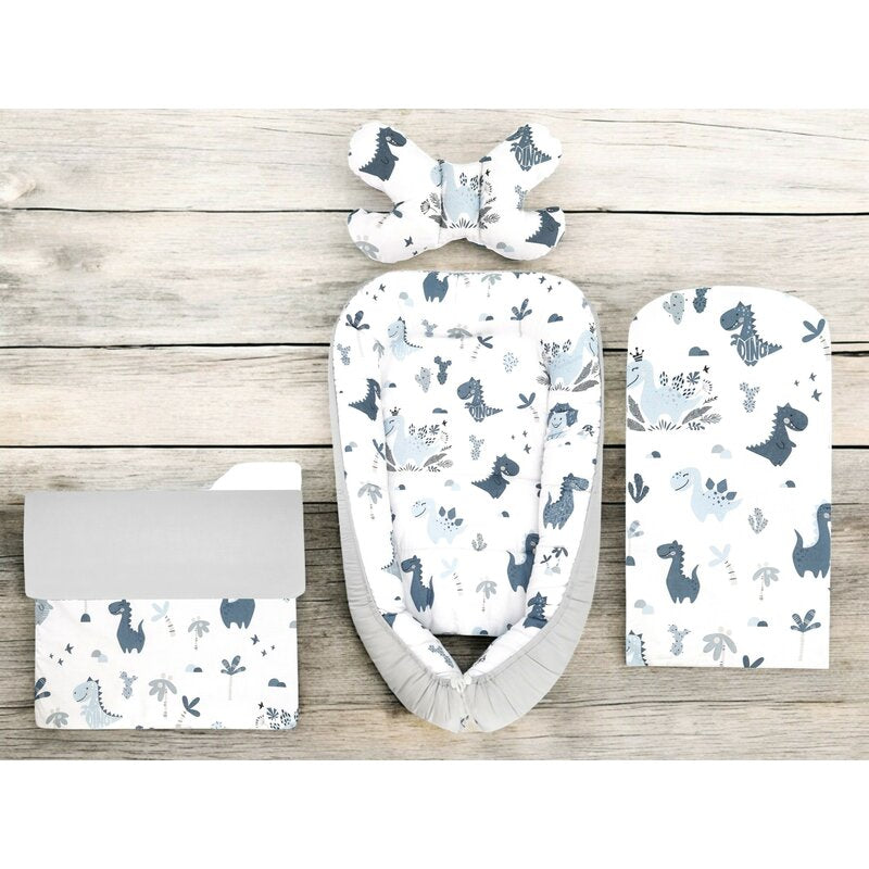 Set 4 in 1 Cosulet bebelus, MimiNu, Baby Cocoon 75x55 cm, Husa bumbac, Din bumbac certificat Oeko Tex Standard 100, Cu paturica 50x70 cm, Cu salteluta, Cu perna fluture, Dino Granat - gogobaby.ro
