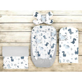 Set 4 in 1 Cosulet bebelus, MimiNu, Baby Cocoon 75x55 cm, Husa bumbac, Din bumbac certificat Oeko Tex Standard 100, Cu paturica 50x70 cm, Cu salteluta, Cu perna fluture, Dino Granat