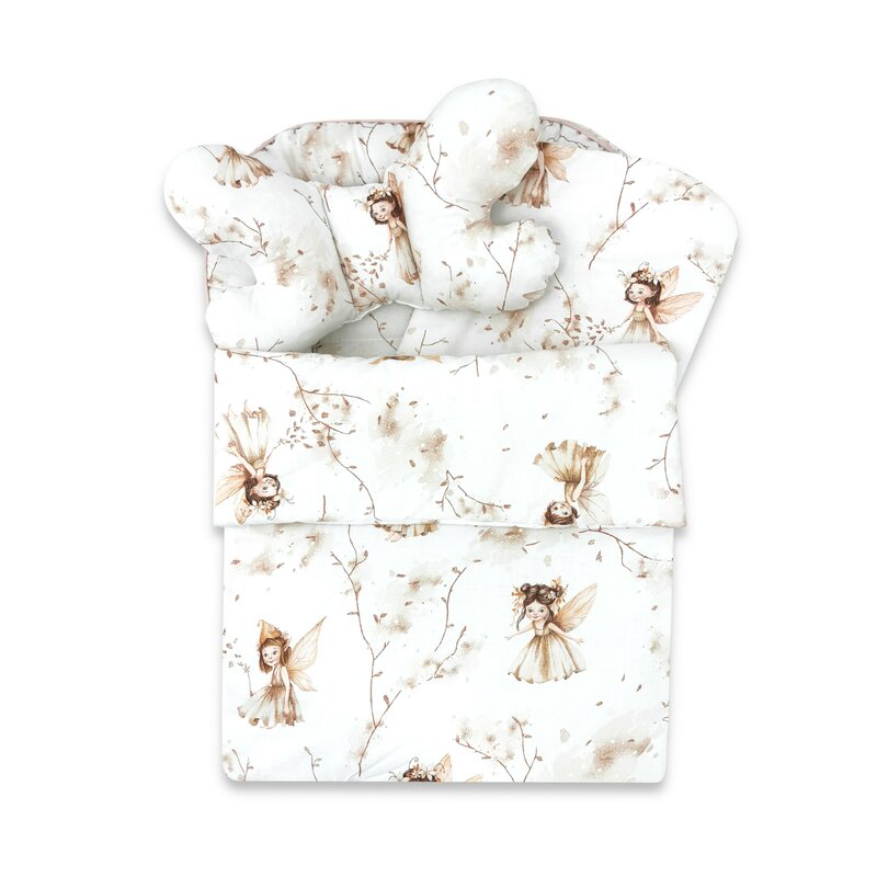 Set 4 in 1 Cosulet bebelus, MimiNu, Baby Cocoon 75x55 cm, Husa bumbac, Din bumbac certificat Oeko Tex Standard 100, Cu paturica 50x70 cm, Cu salteluta, Cu perna fluture, Fairy