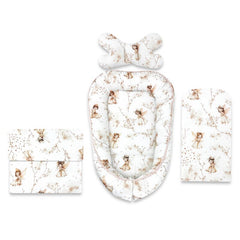 Set 4 in 1 Cosulet bebelus, MimiNu, Baby Cocoon 75x55 cm, Husa bumbac, Din bumbac certificat Oeko Tex Standard 100, Cu paturica 50x70 cm, Cu salteluta, Cu perna fluture, Fairy