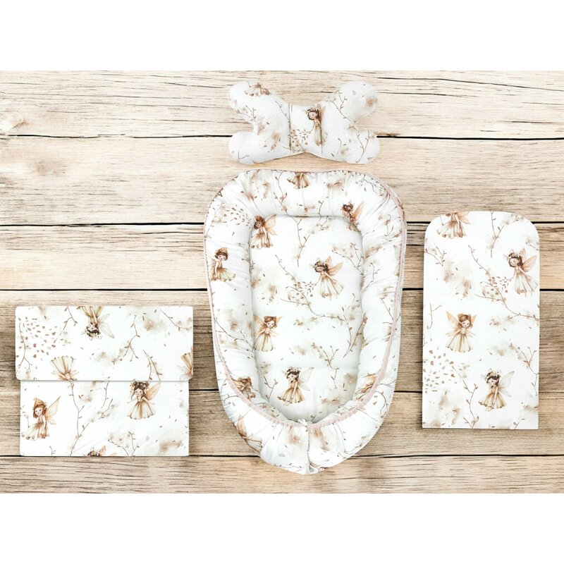 Set 4 in 1 Cosulet bebelus, MimiNu, Baby Cocoon 75x55 cm, Husa bumbac, Din bumbac certificat Oeko Tex Standard 100, Cu paturica 50x70 cm, Cu salteluta, Cu perna fluture, Fairy
