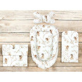 Set 4 in 1 Cosulet bebelus, MimiNu, Baby Cocoon 75x55 cm, Husa bumbac, Din bumbac certificat Oeko Tex Standard 100, Cu paturica 50x70 cm, Cu salteluta, Cu perna fluture, Fairy