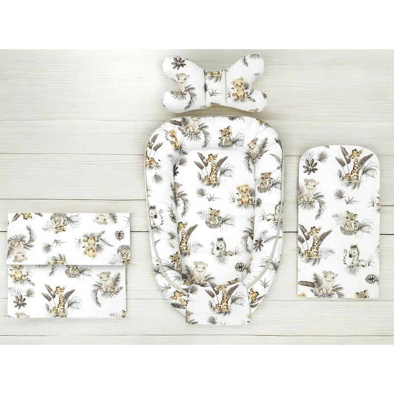Set 4 in 1 Cosulet bebelus, MimiNu, Baby Cocoon 75x55 cm, Husa bumbac, Din bumbac certificat Oeko Tex Standard 100, Cu paturica 50x70 cm, Cu salteluta, Cu perna fluture, Savanna - gogobaby.ro