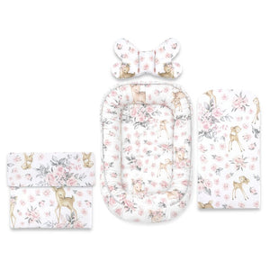 Set 4 in 1 Cosulet bebelus, MimiNu, Baby Cocoon 75x55 cm, Husa bumbac, Din bumbac certificat Oeko Tex Standard 100, Cu paturica 50x70 cm, Cu salteluta, Cu perna fluture, Sweet Deer Pink