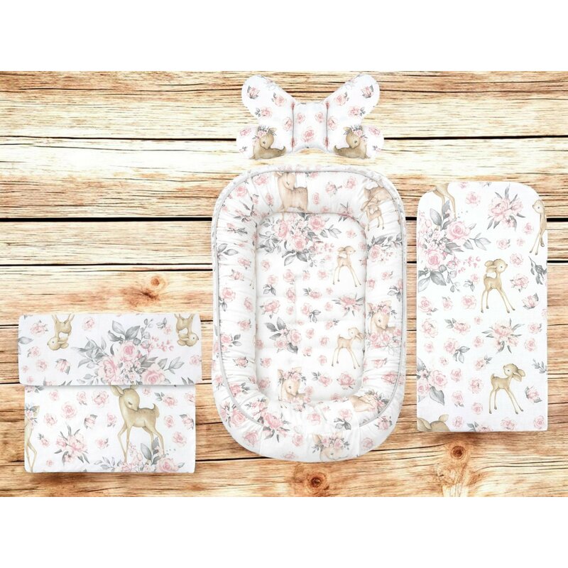 Set 4 in 1 Cosulet bebelus, MimiNu, Baby Cocoon 75x55 cm, Husa bumbac, Din bumbac certificat Oeko Tex Standard 100, Cu paturica 50x70 cm, Cu salteluta, Cu perna fluture, Sweet Deer Pink