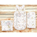 Set 4 in 1 Cosulet bebelus, MimiNu, Baby Cocoon 75x55 cm, Husa bumbac, Din bumbac certificat Oeko Tex Standard 100, Cu paturica 50x70 cm, Cu salteluta, Cu perna fluture, Sweet Deer Pink