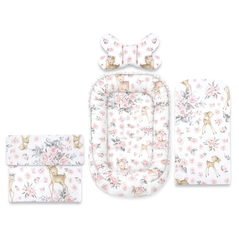 Set 4 in 1 Cosulet bebelus, MimiNu, Baby Cocoon 75x55 cm, Husa bumbac, Din bumbac certificat Oeko Tex Standard 100, Cu paturica 50x70 cm, Cu salteluta, Cu perna fluture, Sweet Deer Pink
