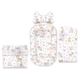 Set 4 in 1 Cosulet bebelus, MimiNu, Baby Cocoon 75x55 cm, Husa bumbac, Din bumbac certificat Oeko Tex Standard 100, Cu paturica 50x70 cm, Cu salteluta, Cu perna fluture, Sweet Deer Pink
