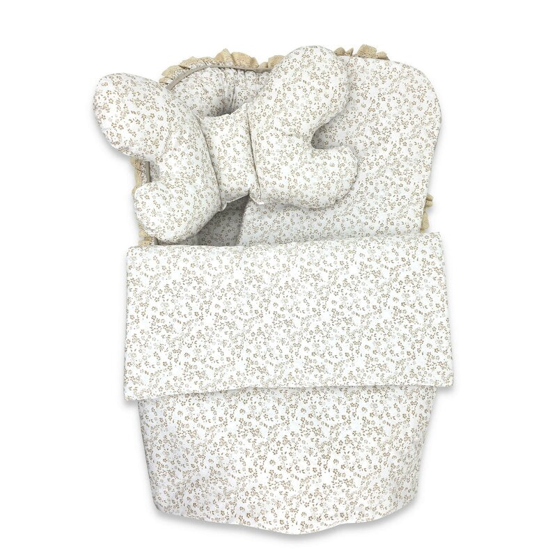 Set 4 in 1 Cosulet bebelus, MimiNu, Premium, Baby Cocoon 75x55 cm, Cu volanase si dantela, Din bumbac certificat Oeko Tex Standard 100, Cu paturica, Salteluta si perna fluture, Meadow