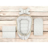 Set 4 in 1 Cosulet bebelus, MimiNu, Premium, Baby Cocoon 75x55 cm, Cu volanase si dantela, Din bumbac certificat Oeko Tex Standard 100, Cu paturica, Salteluta si perna fluture, Meadow