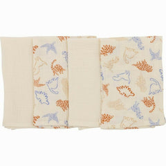 Set 4 lavete, Bubaba, Din muselina, Dimensiune 40x40 cm, Pentru spalarea si ingrijirea fetei si a corpului bebelusului dupa masa sau baita, Beige Animals
