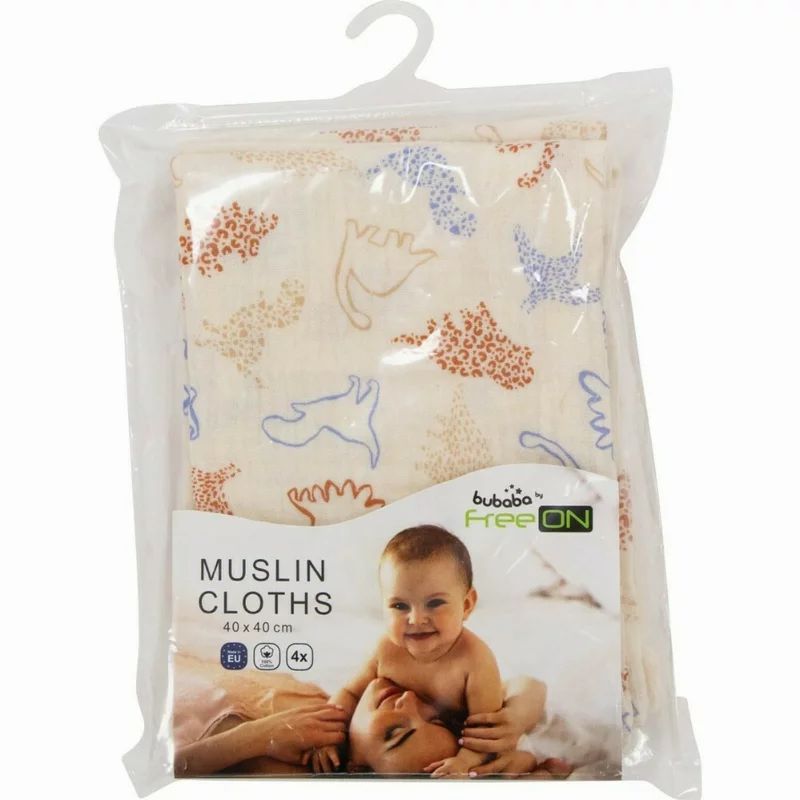 Set 4 lavete, Bubaba, Din muselina, Dimensiune 40x40 cm, Pentru spalarea si ingrijirea fetei si a corpului bebelusului dupa masa sau baita, Beige Animals