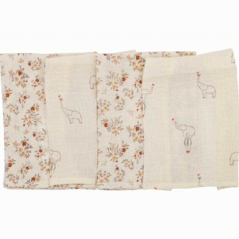 Set 4 lavete, Bubaba, Din muselina, Dimensiune 40x40 cm, Pentru spalarea si ingrijirea fetei si a corpului bebelusului dupa masa sau baita, Beige Elephant