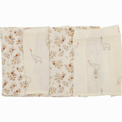 Set 4 lavete, Bubaba, Din muselina, Dimensiune 40x40 cm, Pentru spalarea si ingrijirea fetei si a corpului bebelusului dupa masa sau baita, Beige Elephant