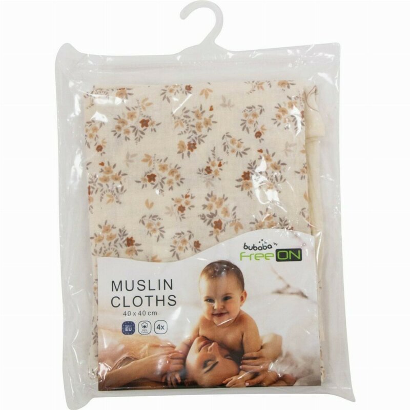 Set 4 lavete, Bubaba, Din muselina, Dimensiune 40x40 cm, Pentru spalarea si ingrijirea fetei si a corpului bebelusului dupa masa sau baita, Beige Elephant