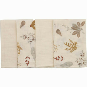 Set 4 lavete, Bubaba, Din muselina, Dimensiune 40x40 cm, Pentru spalarea si ingrijirea fetei si a corpului bebelusului dupa masa sau baita, Beige Leafs