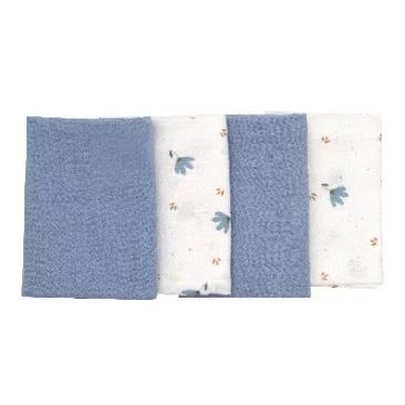 Set 4 lavete, Bubaba, Din muselina, Dimensiune 40x40 cm, Pentru spalarea si ingrijirea fetei si a corpului bebelusului dupa masa sau baita, Blue