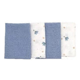 Set 4 lavete, Bubaba, Din muselina, Dimensiune 40x40 cm, Pentru spalarea si ingrijirea fetei si a corpului bebelusului dupa masa sau baita, Blue