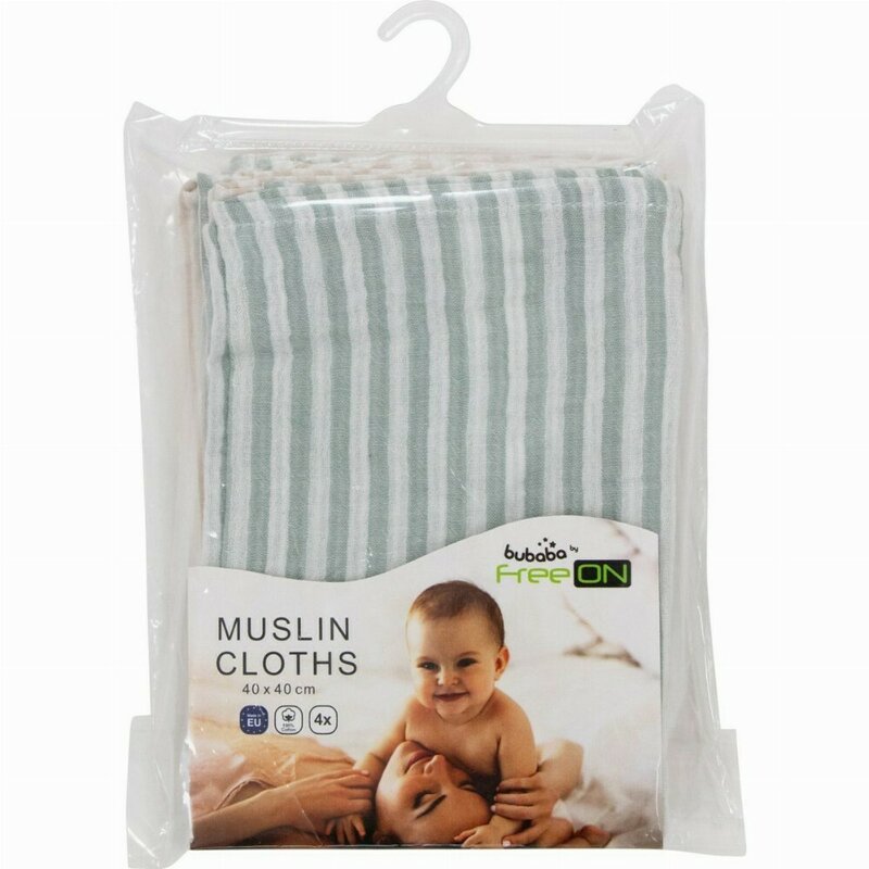Set 4 lavete, Bubaba, Din muselina, Dimensiune 40x40 cm, Pentru spalarea si ingrijirea fetei si a corpului bebelusului dupa masa sau baita, Green Stripes - gogobaby.ro