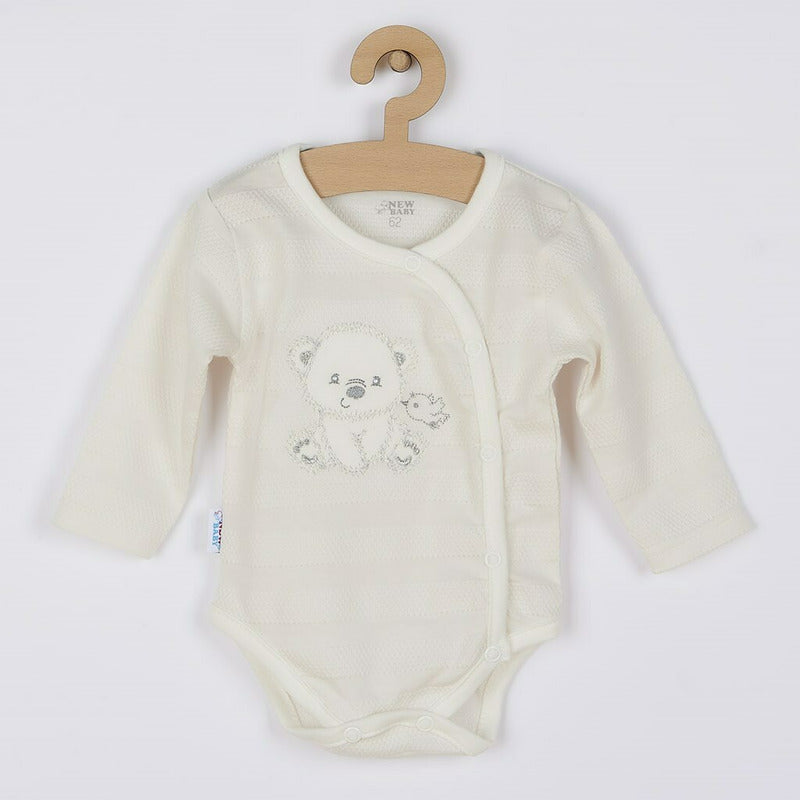Set 4 piese, New Baby, Include bluza, body cu maneca lunga, salopeta fara maneci, caciulita, Marime 56, Din bumbac 100%, Sweet Bear Beige - gogobaby.ro