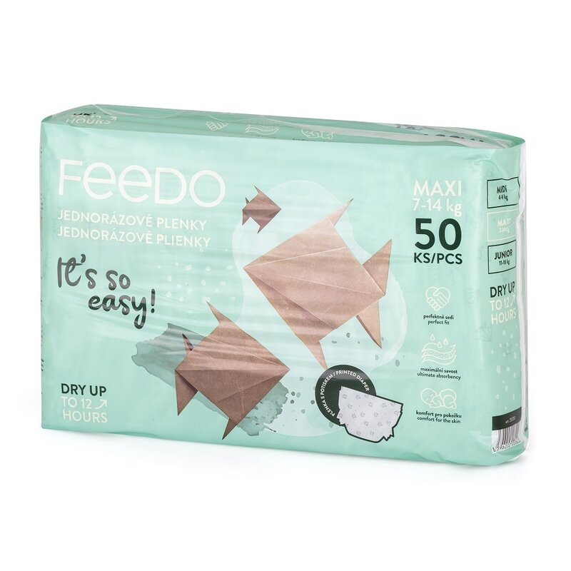 Set 50 scutece, Feedo, Maxi, De unica folosinta, Pentru 7-14 kg, 0 luni+