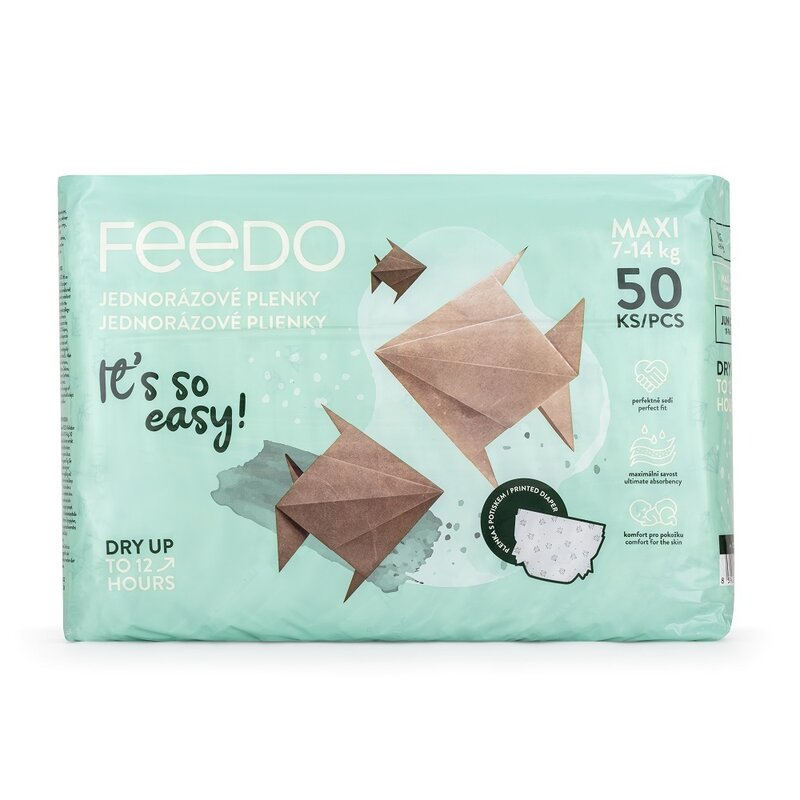 Set 50 scutece, Feedo, Maxi, De unica folosinta, Pentru 7-14 kg, 0 luni+