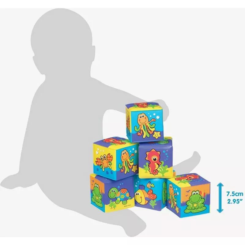 Set 6 cuburi noi pentru baie, Playgro, Cu litere si cifre, Dimesiune 7.5 cm fiecare cub, Splash and Learn Soft blocks for bath