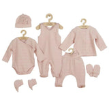 Set 7 piese, New Baby, Include body cu maneca lunga, bluza, pantalonasi cu botosei, salopeta fara maneci, caciulita, manusi, botosei, Marime 56, Din bumbac 100%, I am Pink
