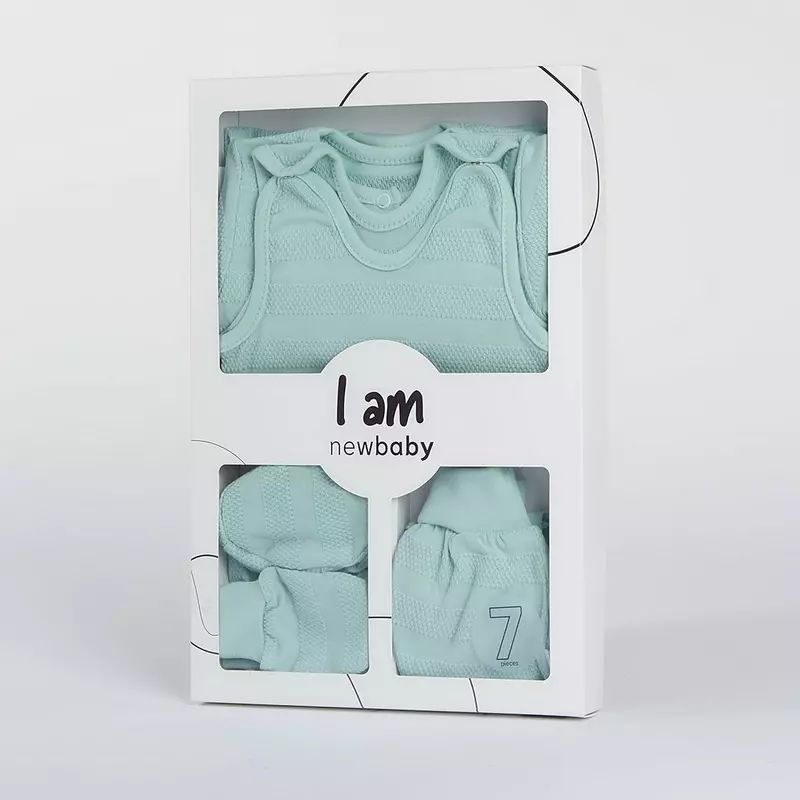 Set 7 piese, New Baby, Include body cu maneca lunga, bluza, pantalonasi cu botosei, salopeta fara maneci, caciulita, manusi, botosei, Marime 56, Din bumbac 100%, I am Blue
