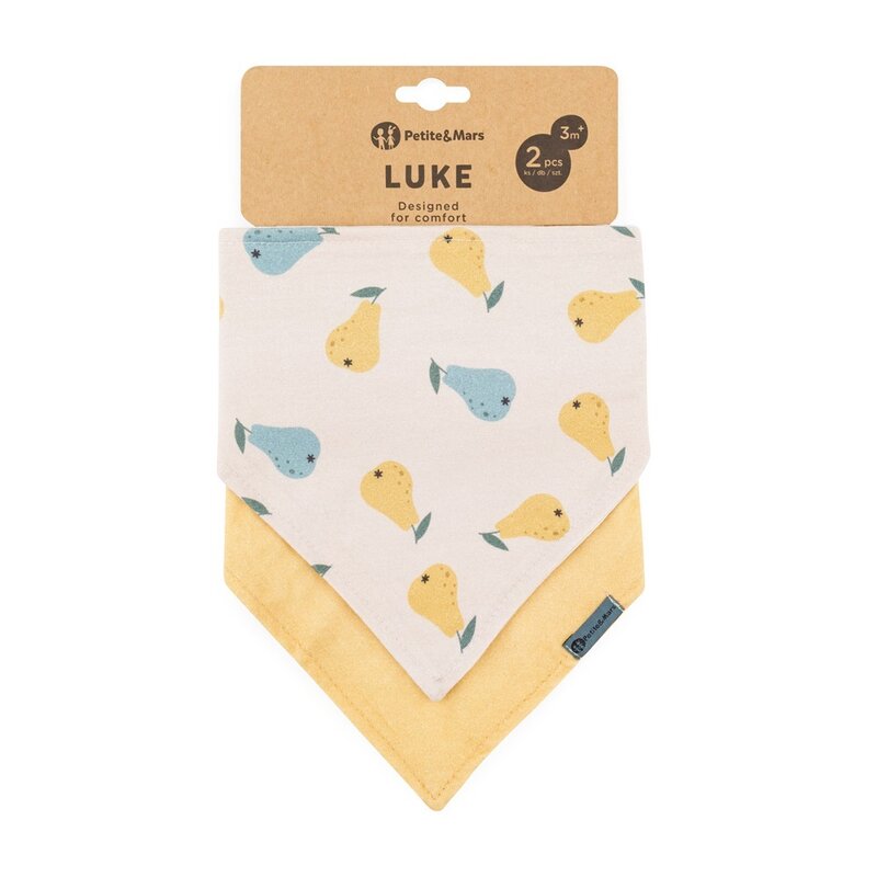 Set bavete bandana, Petite&Mars, Luke, 2 bucati, Bumbac 100% natural, Reglabila cu capse, 3 luni+, Protectie hainute, Bej/Ocru