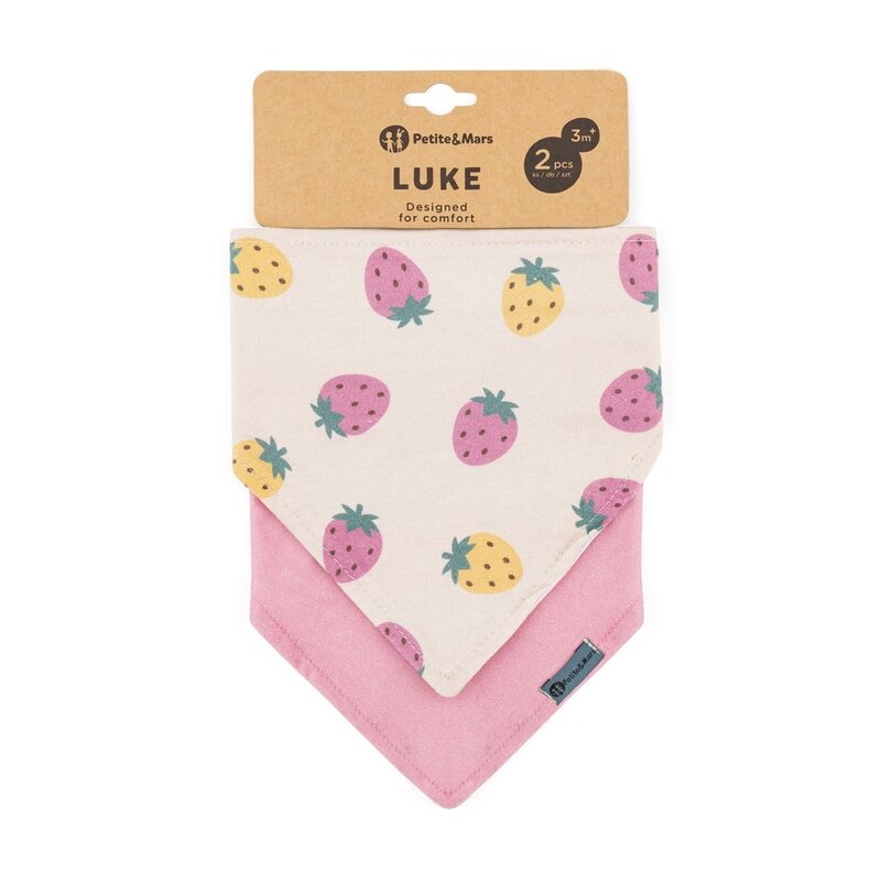 Set bavete bandana, Petite&Mars, Luke, 2 bucati, Bumbac 100% natural, Reglabila cu capse, 3 luni+, Protectie hainute, Bej/Roz