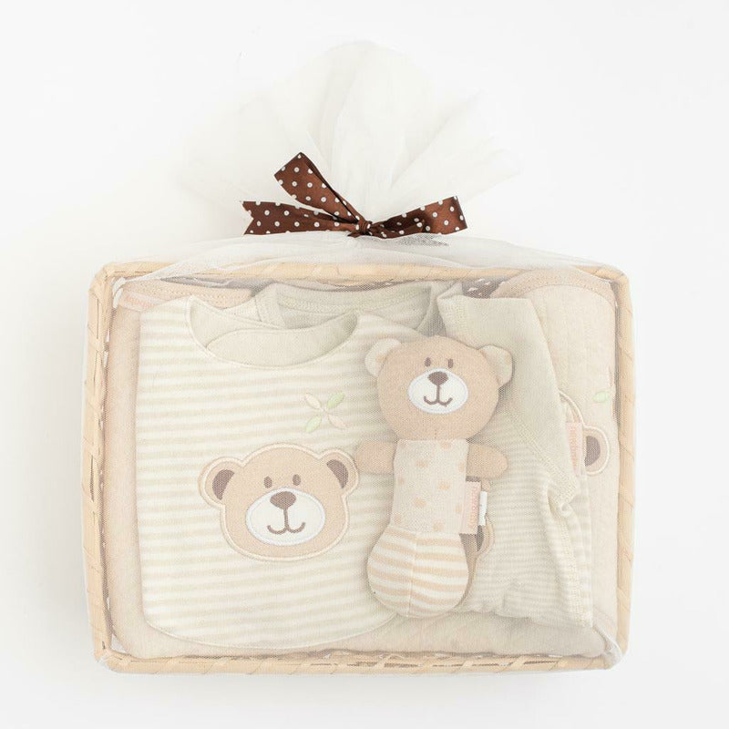 Set cadou 5 piese, New Baby, Din bumbac organic, salopeta, baveta, paturica cu gluga, jucarie, Marime 0 - 3 luni, Beige