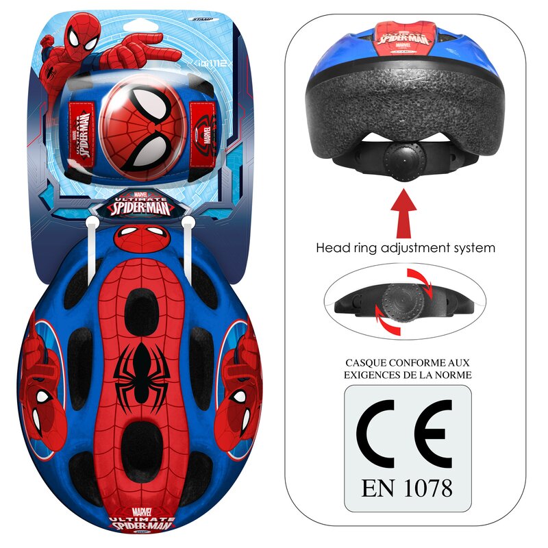 Set casca protectie, genunchiere si cotiere, Stamp, Marvel, Sigure si confortabile, Reglabile, Conform cu EN1078, Marime 50/56 cm, 3 ani+, Spiderman