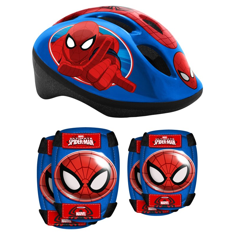 Set casca protectie, genunchiere si cotiere, Stamp, Marvel, Sigure si confortabile, Reglabile, Conform cu EN1078, Marime 50/56 cm, 3 ani+, Spiderman