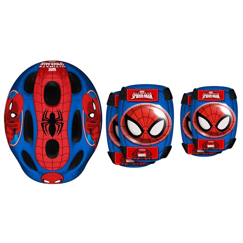 Set casca protectie, genunchiere si cotiere, Stamp, Marvel, Sigure si confortabile, Reglabile, Conform cu EN1078, Marime 50/56 cm, 3 ani+, Spiderman